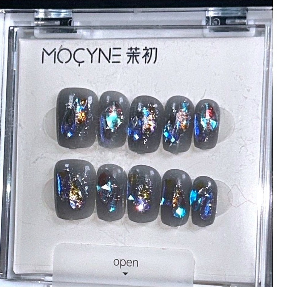 Mocyne Press On Nails Black Chrome Glitter Short Square Glam